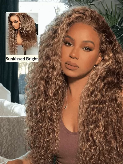 Water Wave Honey Blonde Highlighted 13x4 Pre Everything Lace Frontal Wig With Invisi Drawstring