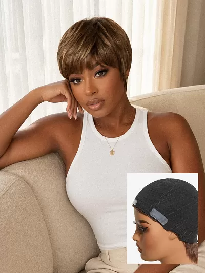Throw On & Go Light Blonde Short Cut with Bangs Wig Ultra Comfort Skin-Like Soft Care Glueless Wig