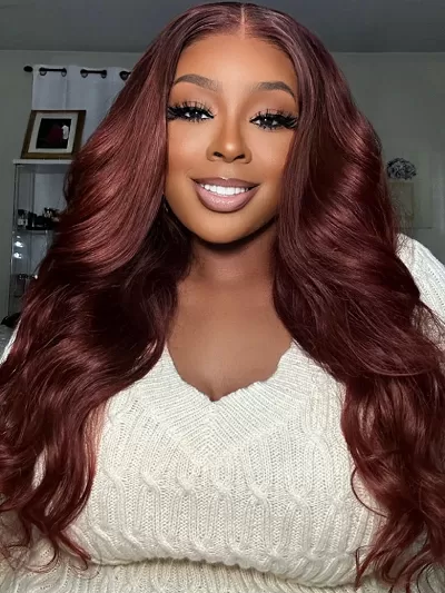 Bye Bye Knots Wig 7x5 Glueless Lace Reddish Brown Body Wave Bleached Knots Wig