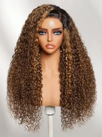 13x4 Bye Bye Slip™ Lace Frontal Brown with Caramel Highlights Glueless Curly Wig with Dark Roots