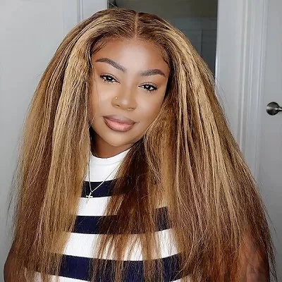 Ishow PPB™ Invisible Knots Highlighted Honey Blonde Wigs Glueless Kinky Straight 5x5 Lace Closure Wig Pre Cut Wigs