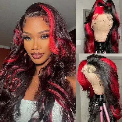 Black with Red Highlights Colored Wigs Body Wave Wig 13x4 HD Lace Red Lace Front Wigs
