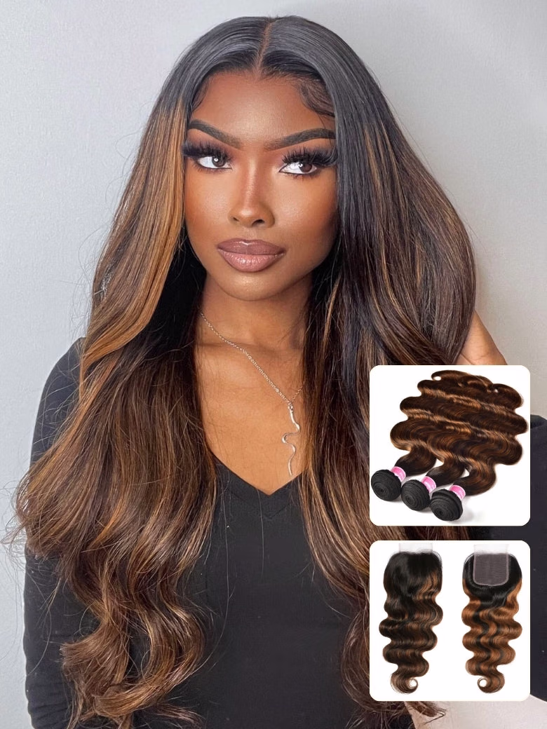 Highlight Balayage Color Body Wave 3 Bundles Weaves with 4x4 Lace Closure Virgin Human Hair