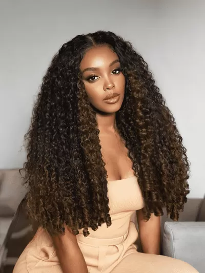 UNice Black to Chestnut Brown Ombre Curly Texture Premium Hair Drawstring V Part Wig With Finger Coil Ends