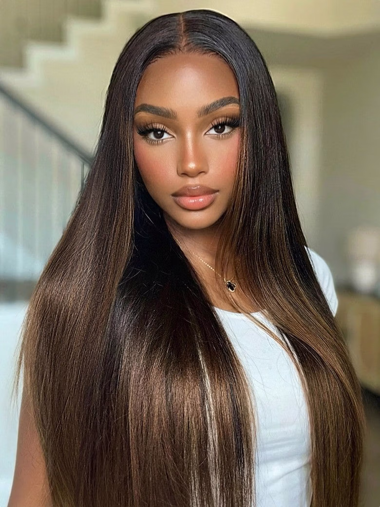 7x5 Glueless Lace Black to Chestnut Brown Ombre Yaki Straight Wig With Bleached Knots